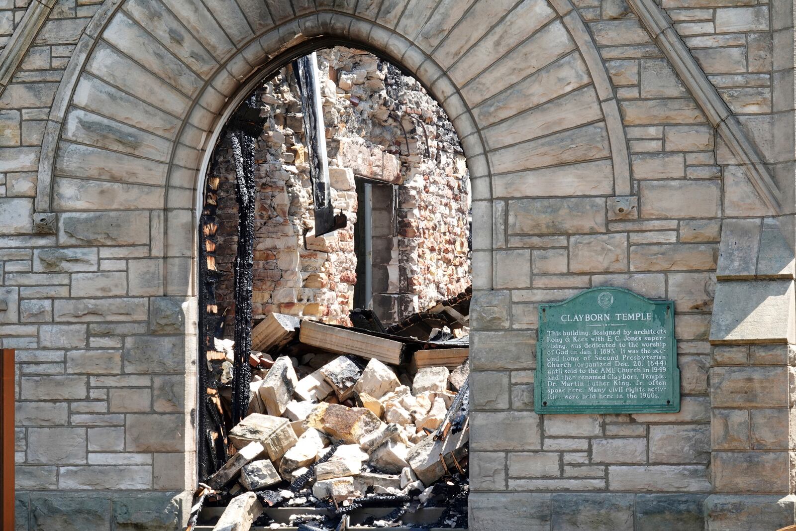 FILE - The historic Clayborn Temple, a landmark from the civil rights movement with ties to Martin Luther King Jr., caught fire, April 28, 2025, in Memphis, Tenn. (AP Photo/Karen Pulfer Focht, File)