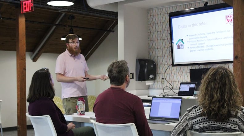 Housing stability coordinator Chase Walter at Talawanda Oxford Pantry and Social Services gives a presentation during an Oxford Housing Advisory Commission on the organization's findings about eviction and how to assist those who have been evicted. KATELY ALUISE/OXFORD FREE PRESS