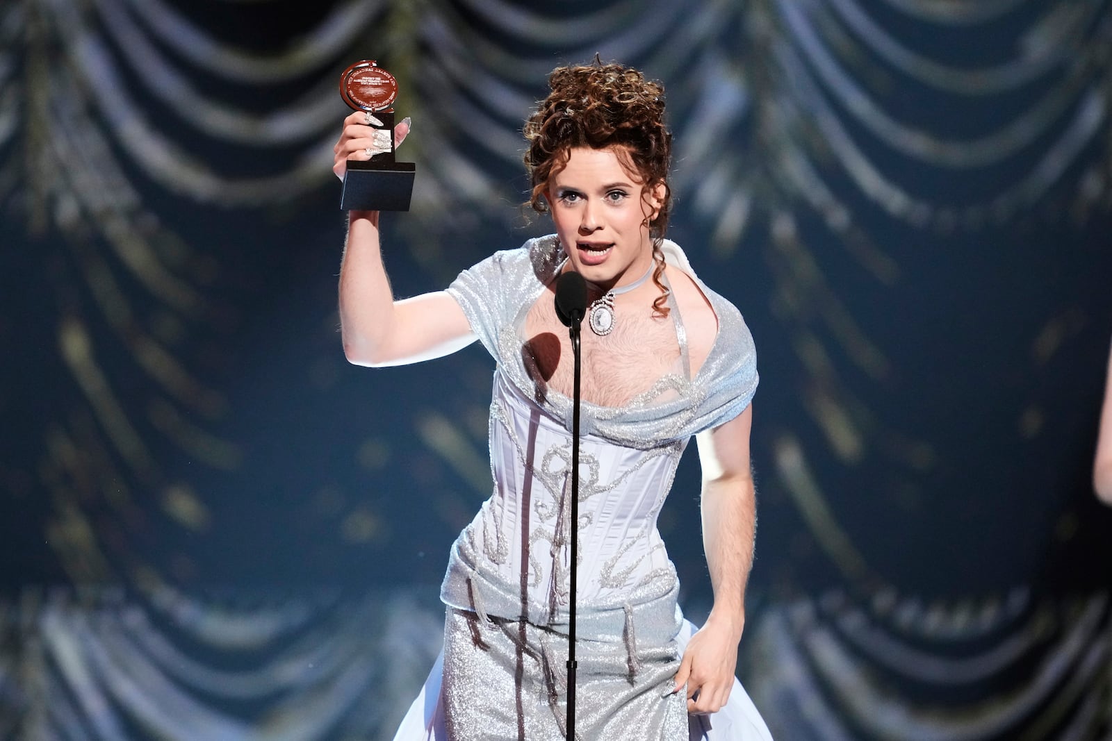 Cole Escola accepts the award for best performance by an actor in a leading role in a play for "Oh, Mary!" during the 78th Tony Awards on Sunday, June 8, 2025, at Radio City Music Hall in New York. (Photo by Charles Sykes/Invision/AP)