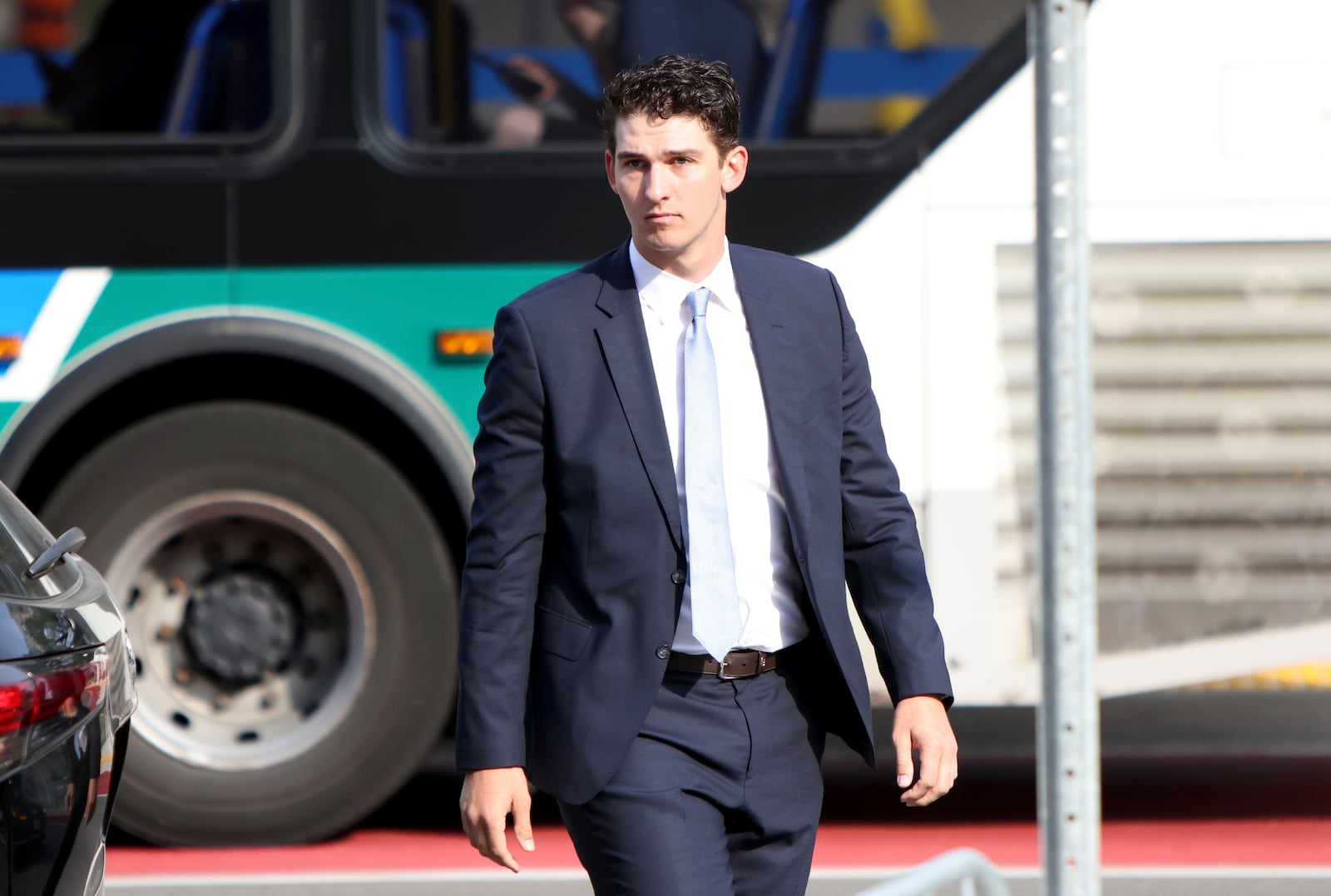 Cal Foote is seen arriving at the London Courthouse in London, Ontario, Thursday, July 24, 2025. (Nicole Osborne/The Canadian Press via AP)