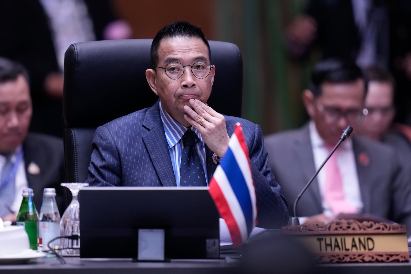 Thailand's Foreign Minister Maris Sangiampongsa attends a plenary session of the Association of Southeast Asian Nations (ASEAN) Foreign Ministers' meeting at the Convention Centre in Kuala Lumpur, Malaysia, Wednesday, July 9, 2025. (AP Photo/Vincent Thian)