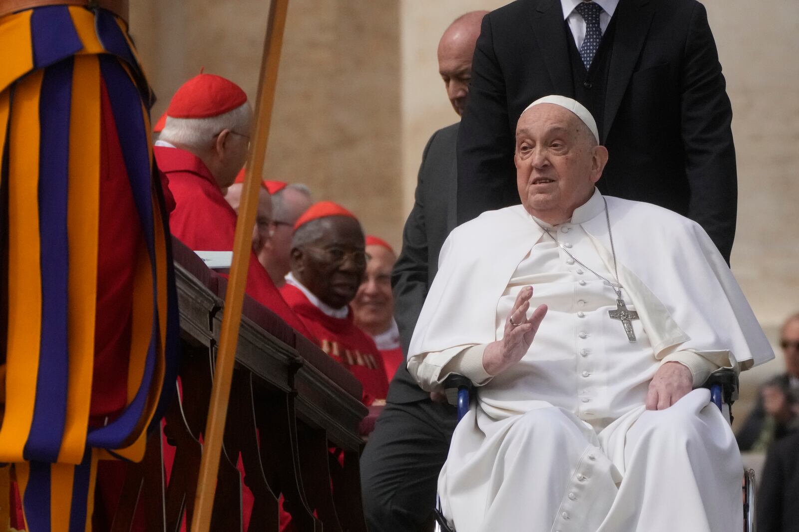 Pope Francis arrives at the end of the mass on Palm Sunday in St. Peter's Square at The Vatican, Sunday, April 13, 2025. (AP Photo/Gregorio Borgia)