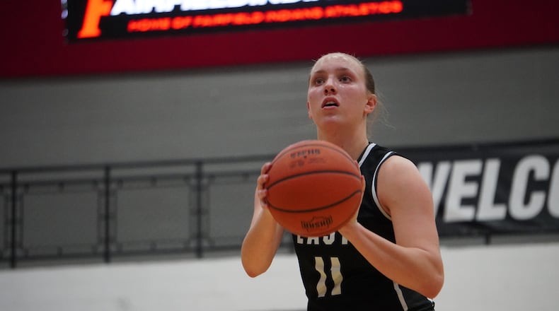 Lakota East's Bailey Bacher eyes a free-throw attempt during her Division I district semifinal game against Walnut Hills on Monday night at Fairfield Arena. CHRIS VOGT / CONTRIBUTED
