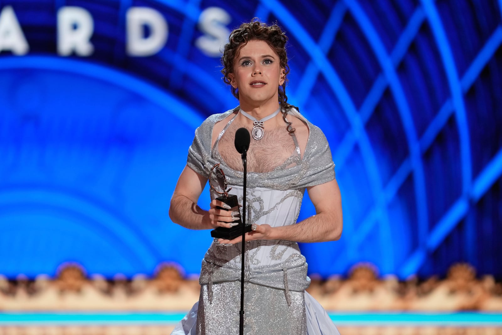 Cole Escola accepts the award for best performance by an actor in a leading role in a play for "Oh, Mary!" during the 78th Tony Awards on Sunday, June 8, 2025, at Radio City Music Hall in New York. (Photo by Charles Sykes/Invision/AP)