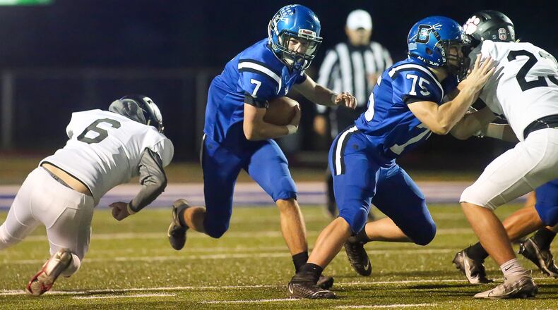 Brookville High School junior Tim Davis runs the ball during their game against Franklin on Thursday night in Brookville. Davis rushed for two touchdowns as the Blue Devils won 21-7. CONTRIBUTED PHOTO BY MICHAEL COOPER