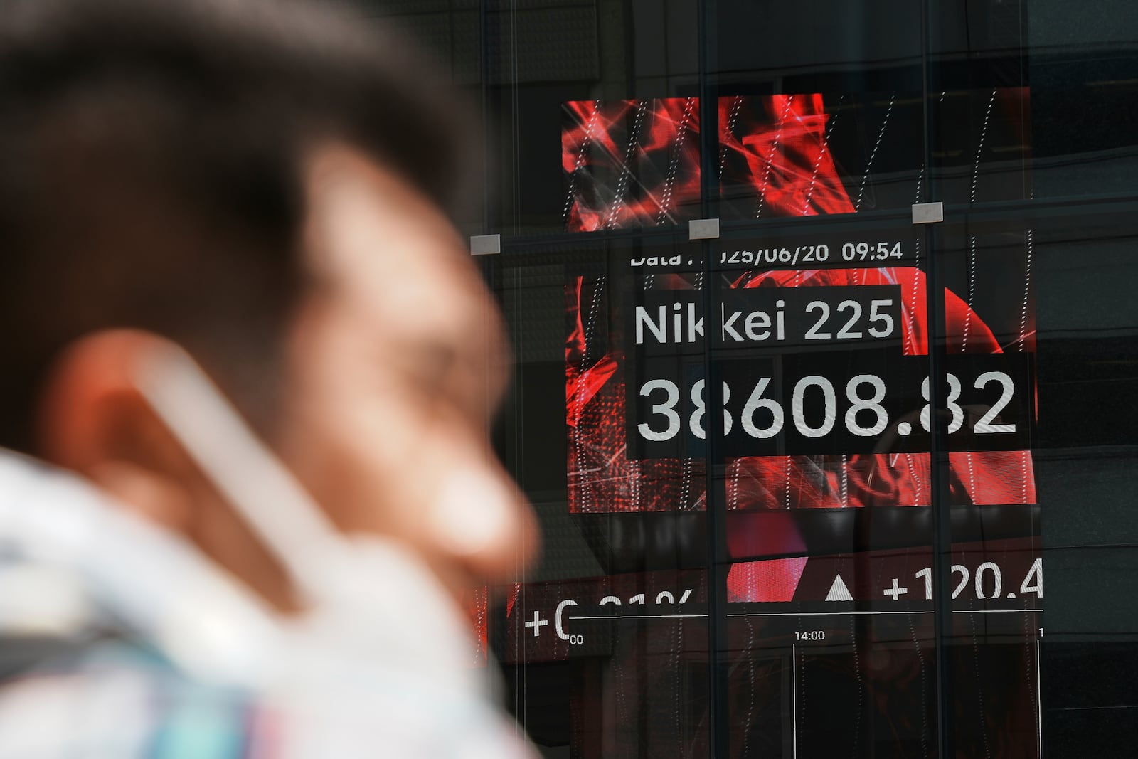 A person stands in front of an electronic stock board showing Japan's Nikkei index at a securities firm Friday, June 20, 2025, in Tokyo. (AP Photo/Eugene Hoshiko)