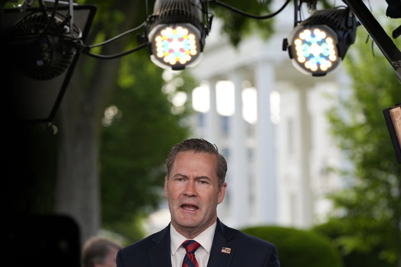 National Security Advisor Mike Waltz speaks during a television interview at the White House, Thursday, May 1, 2025, in Washington. (AP Photo/Alex Brandon)