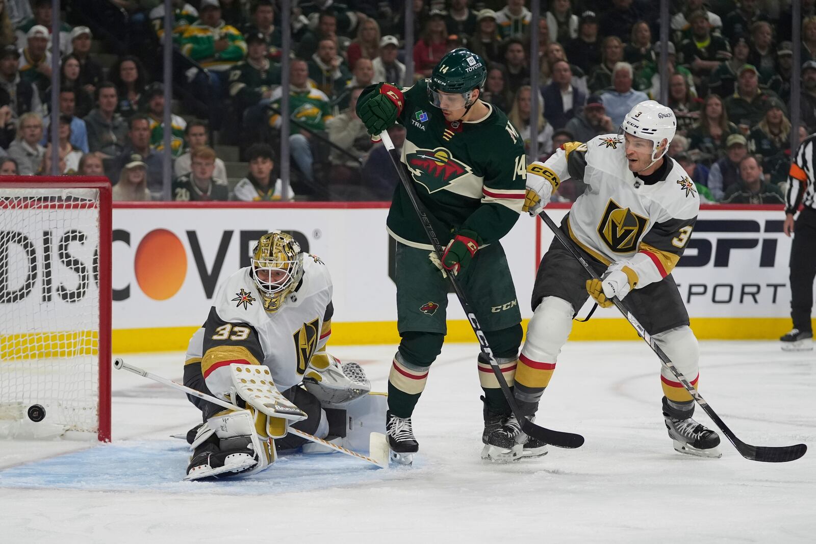 Vegas Golden Knights goaltender Adin Hill (33) gives up a goal to Minnesota Wild left wing Kirill Kaprizov (not shown) during the first period of Game 3 of a first-round NHL hockey playoff series Thursday, April 24, 2025, in St. Paul, Minn. (AP Photo/Abbie Parr)