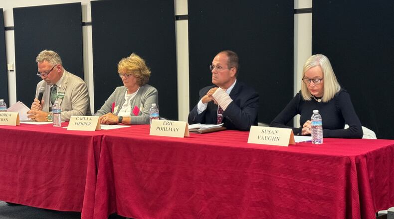 Hamilton City Council members seeking election to the board in November participated in a forum on Monday, Oct. 9, 2023. Pictured, from left are candidate Andrew Conn and incumbent council members Carla Fiehrer, Eric Pohlman, and Susan Vaughn. MICHAEL D. PITMAN/STAFF