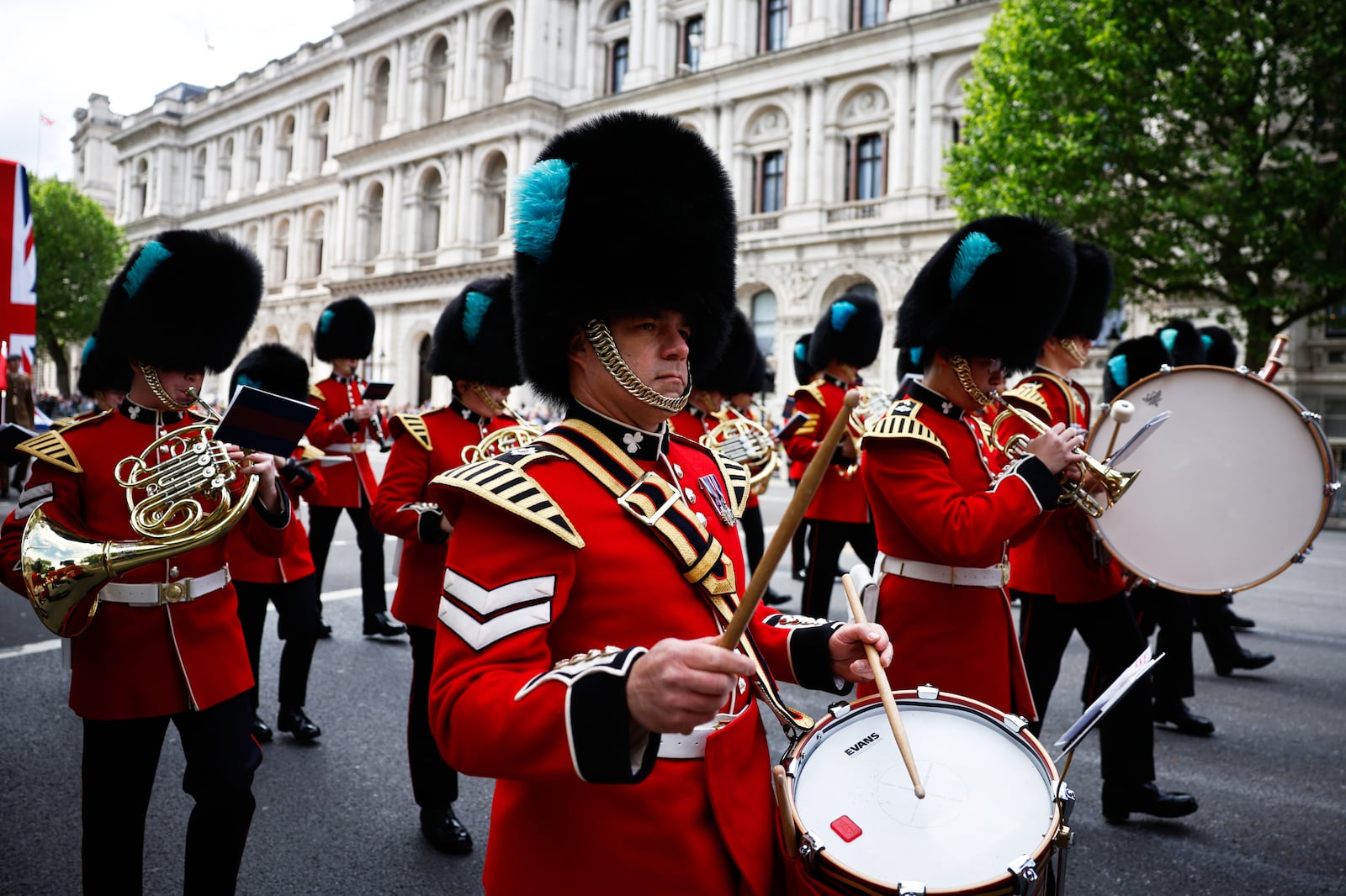 Irish Guards march past the Cenotaph, in Whitehall, during the VE Day 80th anniversary parade, in London, Monday, May 5, 2025. (Benjamin Cremel/Pool Photo via AP)