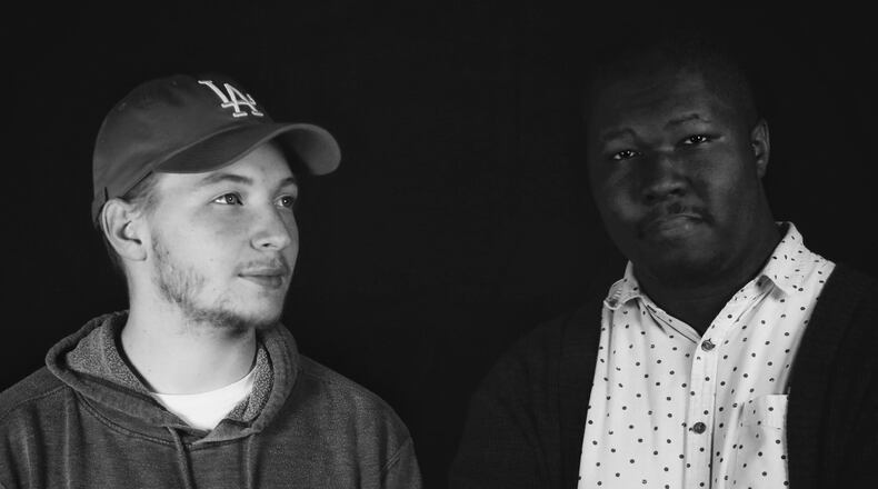Chase Crawford (left) and Markus Cook (right) at a recent promotional shoot for their movie, “Alan and the Fullness of Time.” Crawford is directing the movie, while Cook is producing the film, which he also wrote. It will be shot in the Butler County and Cincinnati areas in November. (Photo: Noah Davidovitch/Heaven Bound Films)