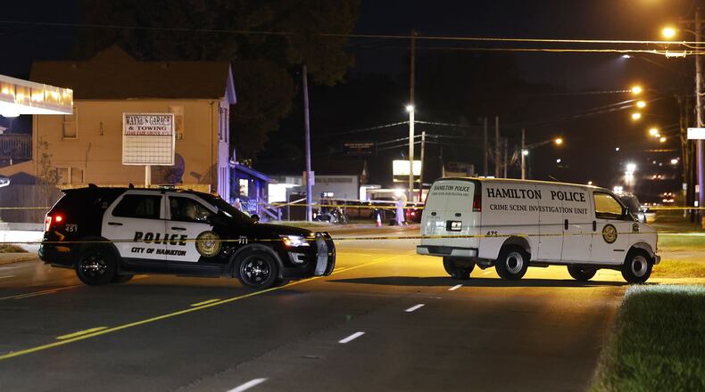 Hamilton police closed a portion of Ohio 4 near Fair Avenue after responding to reports of a car crash that became felonious assault on Saturday, Oct. 8, 2022. NICK GRAHAM/STAFF