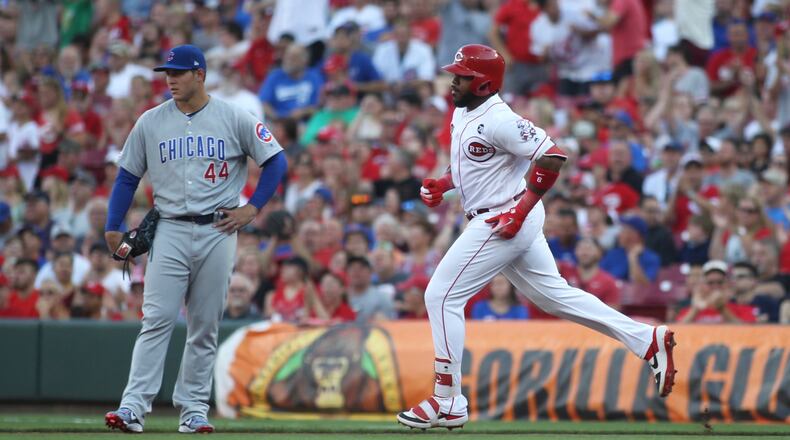 The Reds' Phillip Ervin rounds the bases after a home run against the Cubs on Friday, June 28, 2019, at Great American Ball Park in Cincinnati. David Jablonski/Staff