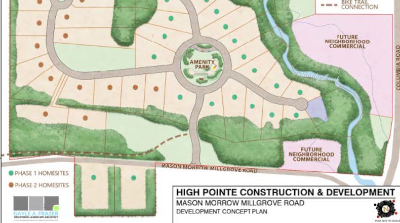 This is one of the concept plans for a proposed 42-home high-end subdivision off Mason-Morrow-Milgrove and Columbia roads. The city of Lebanon is selling more than 98 acres to High Pointe Construction & Development. CONTRIBUTED/CITY OF LEBANON