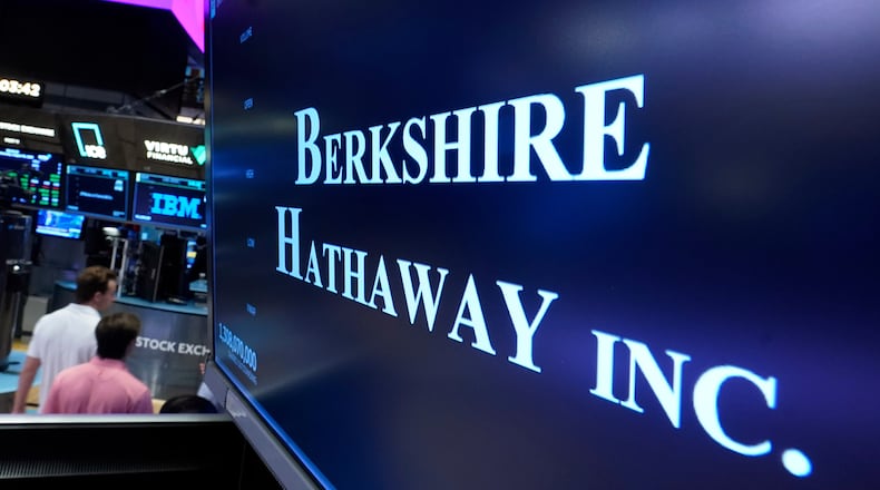 FILE - The logo for Berkshire Hathaway Inc. is displayed at a trading post on the floor of the New York Stock Exchange, Wednesday, Aug. 30, 2023. (AP Photo/Richard Drew, File)