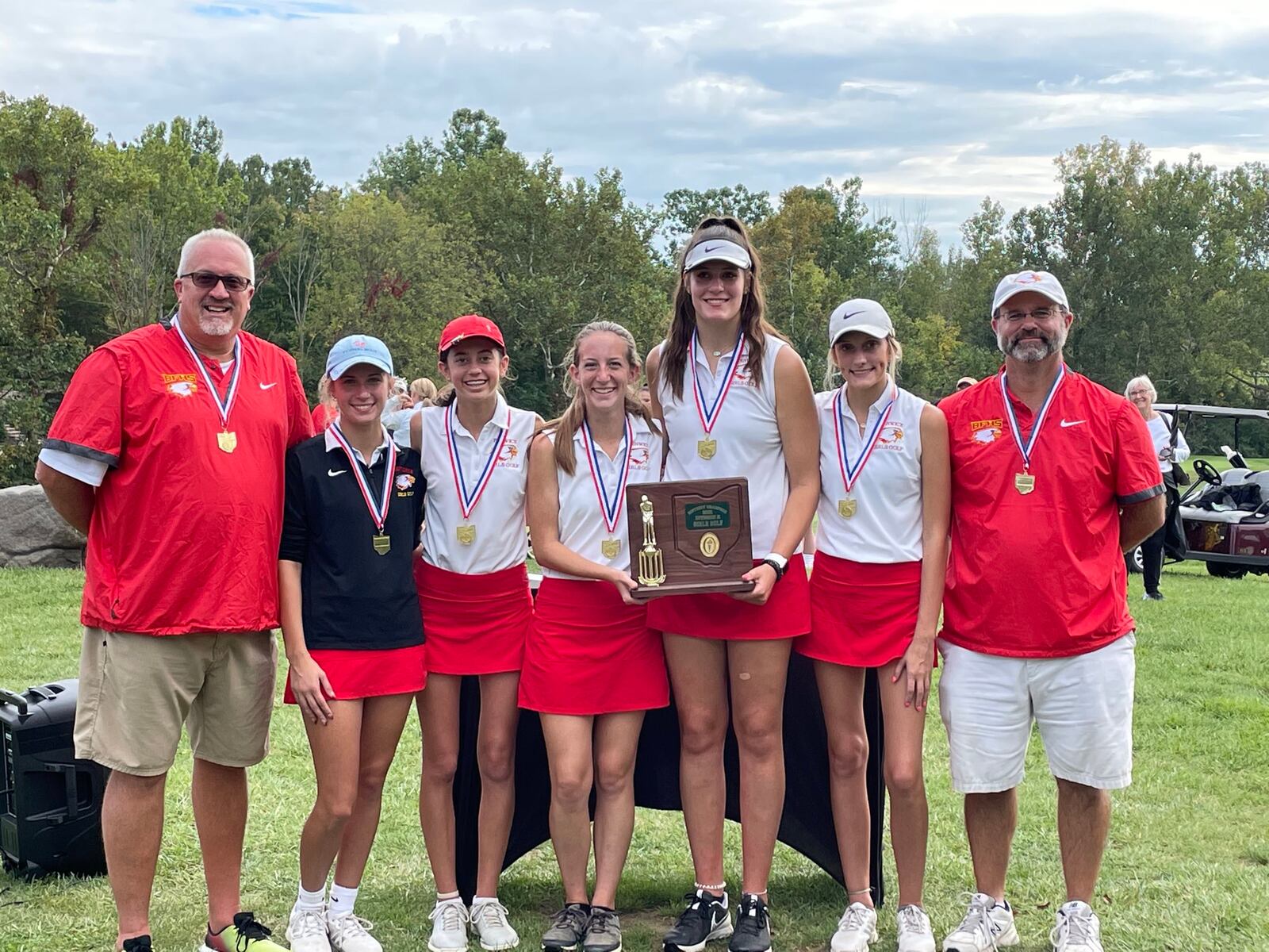 The Fenwick High School girls golf team willl compete in the Division II state tournament on Friday and Saturday in Columbus for the second straight year. Pictured from left: From left to right
Coach Scott Dalton, Jocelyn Wright, Sophie Rush, Amelia Snyder, Natalie Allen, Kaitlyn Hemmelgarn, and Coach Mike Snyder. CONTRIBUTED