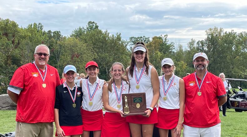 The Fenwick High School girls golf team willl compete in the Division II state tournament on Friday and Saturday in Columbus for the second straight year. Pictured from left: From left to right
Coach Scott Dalton, Jocelyn Wright, Sophie Rush, Amelia Snyder, Natalie Allen, Kaitlyn Hemmelgarn, and Coach Mike Snyder. CONTRIBUTED