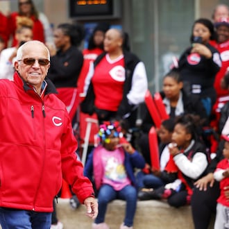 A Cincinnati Reds memorabilia event is scheduled this weekend at Marriott Cincinnati North in West Chester. Pictured here is Broadcaster Marty Brennaman in the 2025 Opening Day Parade in Cincinnati. NICK GRAHAM/STAFF