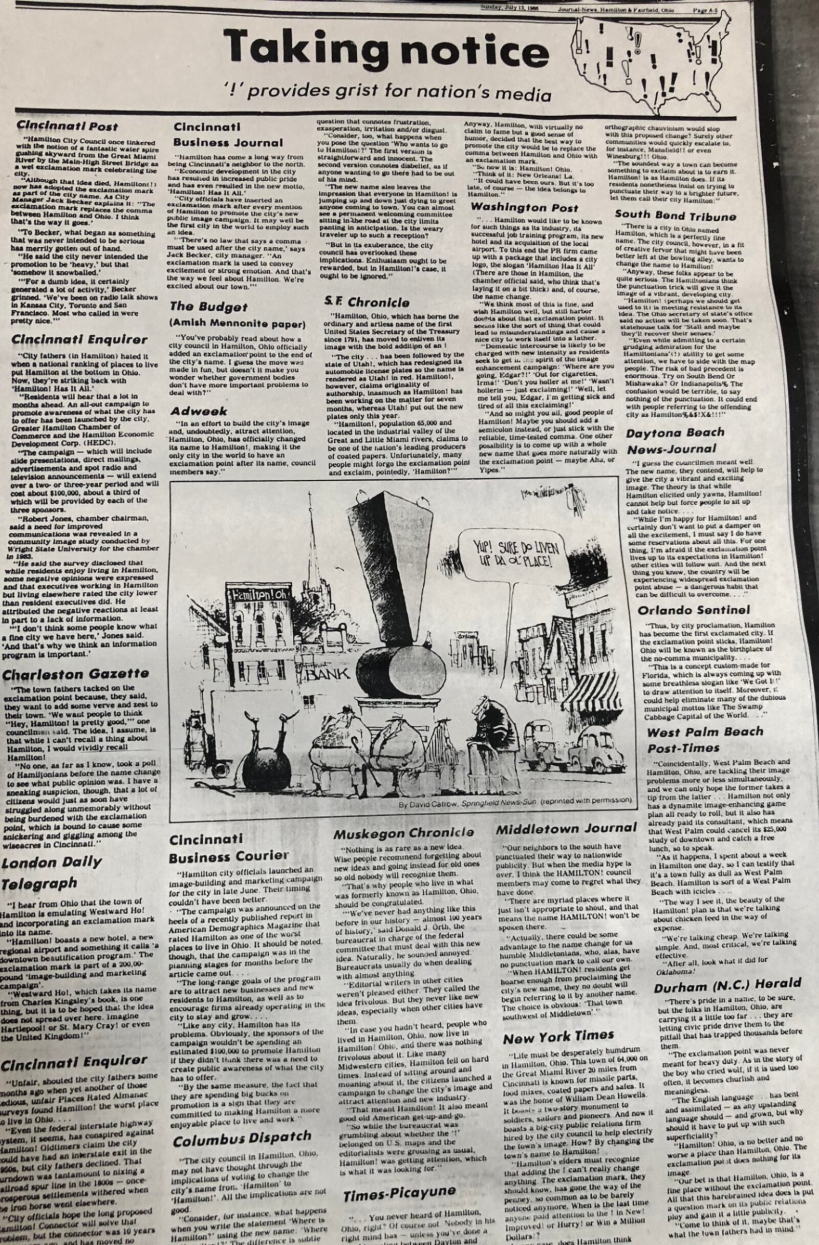 The Journal-News covered attention Hamilton received by attempting to add an exclamation point to the city's name in pages on July 13, 1986.