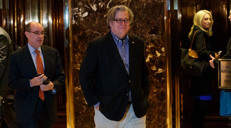 Steve Bannon, campaign CEO for President-elect Donald Trump, leaves Trump Tower, Friday, Nov. 11, 2016, in New York. (AP Photo/ Evan Vucci)