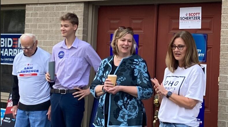 Gubernatorial candidate Nan Whaley, third from left, visited Hamilton on Saturday, Nov. 5, 2022 to canvass and seek votes ahead of Election Day on Nov. 8. To Whaley's right is Butler Co. Democratic Party Chairperson Kathy Wyenandt. To her left are Butler Co. Democratic Party leader Don Daiker and Sam Lawrence, candidate for state representative, District 47. CONTRIBUTED