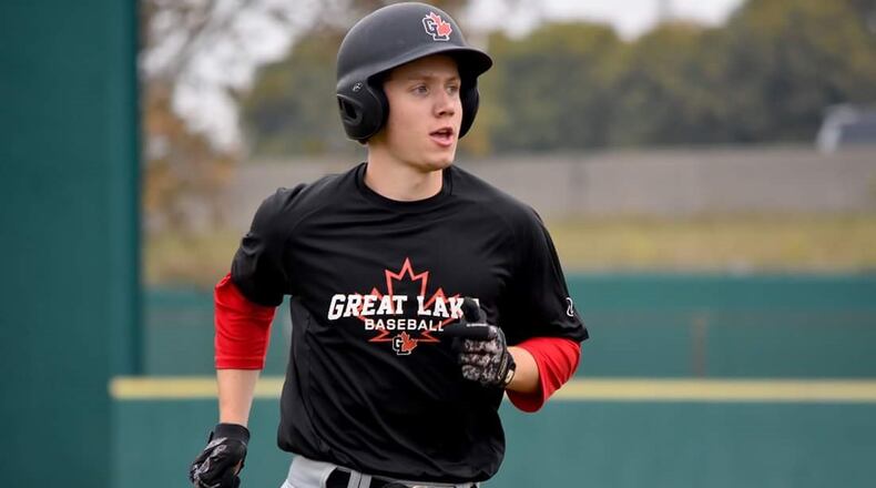 ZAPP 5 -- Brian Zapp, playing with his club team back in Canada, the Great Lakes Canadians. Now a Miami University infielder, he was featured 10 days ago in video by the Toronto Blue Jays as part of their Pride Month celebration. An alum of the annual Blue Jays Showcase for the best players in each Canadian province, he was also celebrated at a Blue Jays game early this month. Last December. after years of silent struggle. he announced in a powerful Instagram post that he was bisexual and in so doing became one of the first college baseball players ever to do so while still playing. He has had Miami coach Danny Hayden and his RedHawk teammates rally around him and support since the announcement and has drawn encouragement from other college and Major League baseball players since. CONTRIBUTED