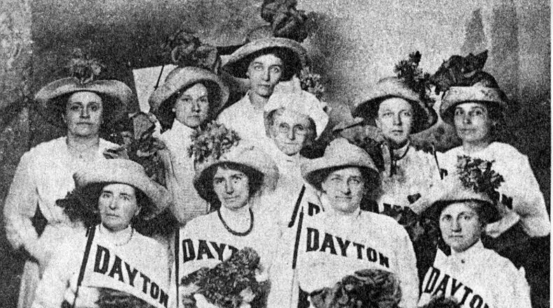The "founding suffragists" photo of Dangerous Dames in 1913. In this photo they were heading to Washington, DC to protest the inauguration of Woodrow Wilson who, at the time, did not support women having the right to vote.