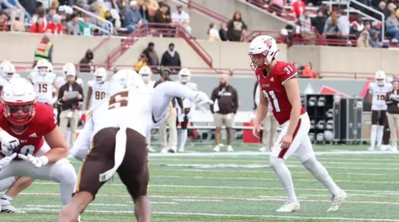 Miami kicker Dom Dzioban lines up for a field goal against Western Michigan on Saturday at Yager Stadium. JEFFREY SABO / MIAMI ATHLETICS