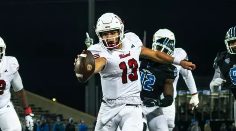 Miami quarterback Thomas Gotkowski rushes for a touchdown during their game earlier this season against Buffalo. MIAMI ATHLETICS PHOTO