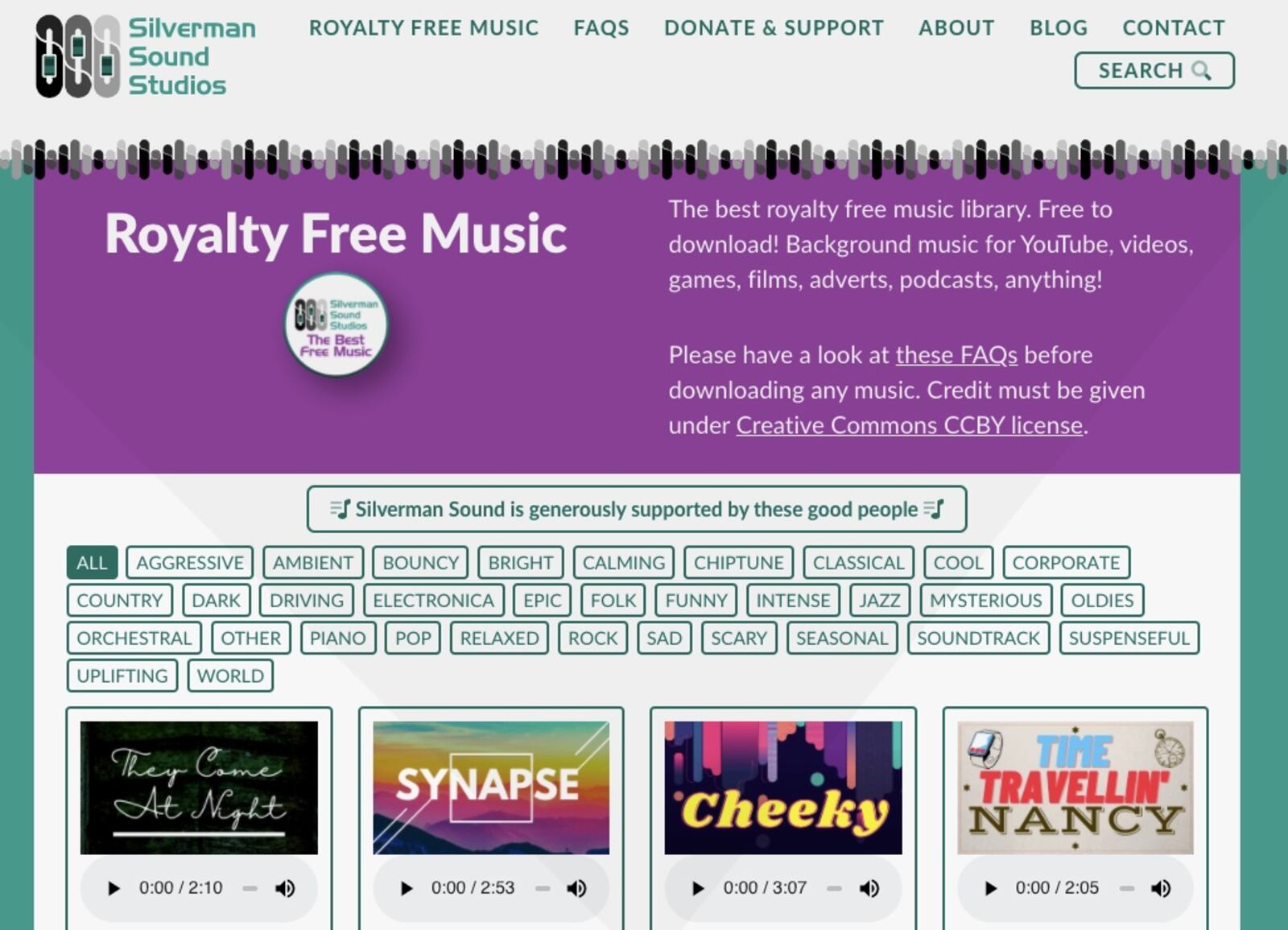 Silverman Sound Studios royalty-free music website screenshot
