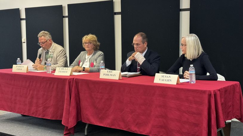 Hamilton City Council members seeking election to the board in November participated in a forum on Monday, Oct. 9, 2023. Pictured, from left are candidate Andrew Conn and incumbent council members Carla Fiehrer, Eric Pohlman, and Susan Vaughn. MICHAEL D. PITMAN/STAFF