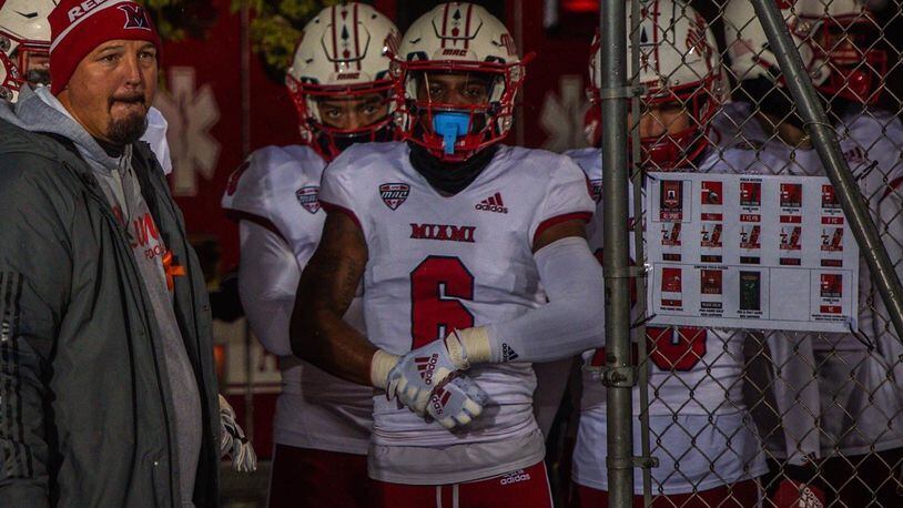 Defensive back Jacquez Warren gets ready to take the field with his Miami RedHawks. CONTRIBUTED