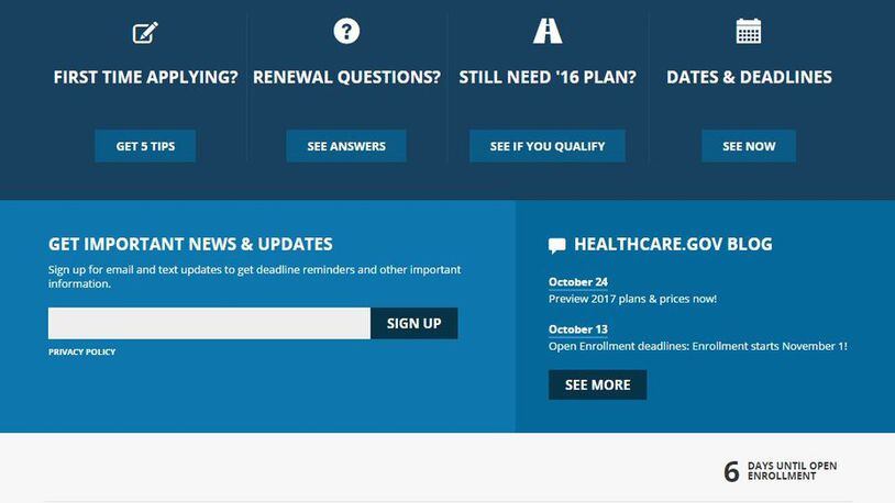 The HealthCare.gov 2017 homepage as seen on Oct. 25, 2016. The Obama administration confirms that premiums will go up sharply next year for health insurance sold to millions of consumers through HealthCare.gov.