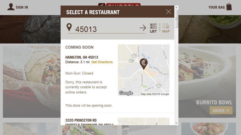A search of Chipotle's website shows a new location coming to Hamilton.