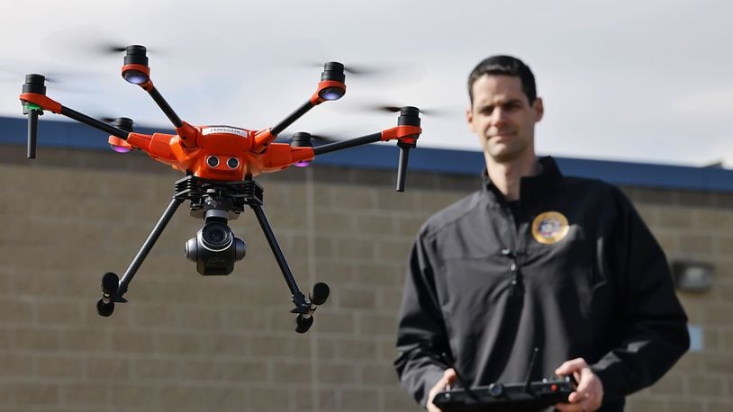 Butler County Sheriff's Office Sgt. Steve Poff shows one of their drones Wednesday, March 9, 2022 in Hamilton. NICK GRAHAM/STAFF