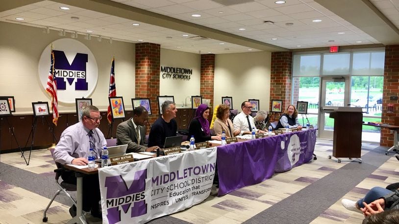 Middletown Schools’ governing board has moved its public meetings from the city’s council chambers to its recently renovated high school. The board met Tuesday evening in Middletown High School’s Community Room. MICHAEL D. CLARK/STAFF