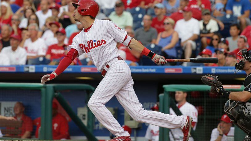 PHILADELPHIA, PA - JULY 20: Tyler Goeddel #2 of the Philadelphia Phillies hits a two-run home run in the first inning during a game against the Miami Marlins at Citizens Bank Park on July 20, 2016 in Philadelphia, Pennsylvania. (Photo by Hunter Martin/Getty Images)