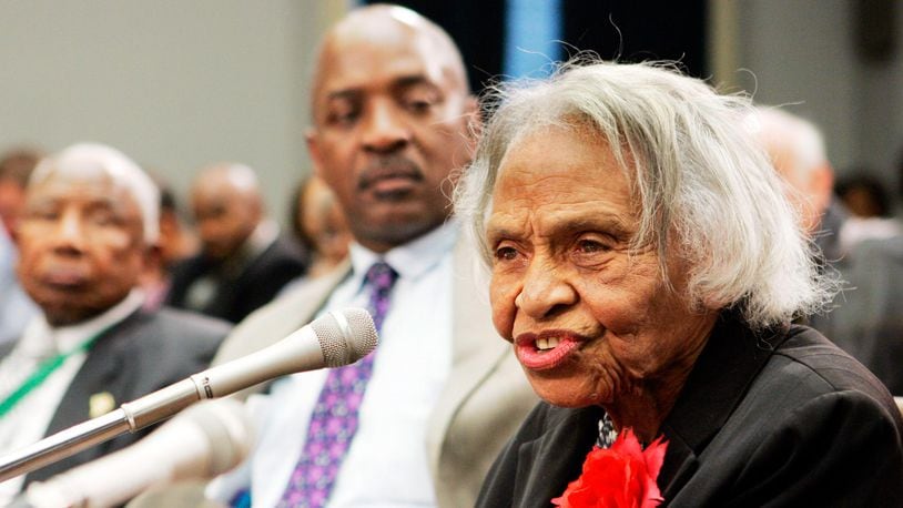 In this May 10, 2005, file photo survivor of the 1921 Tulsa race riots, Dr. Olivia Hooker, 90, gives her personal account of the of the historic race riot at a briefing before members of the Congressional Black Caucus and other leaders on Capitol Hill in Washington.
