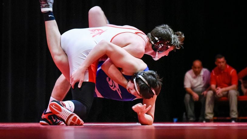 Fairfield’s Andrew Sams pins Springboro’s Joe Froehlich at 170 pounds during their dual Jan. 19, 2017, at the Fairfield Performing Arts Center in Fairfield. NICK GRAHAM/STAFF