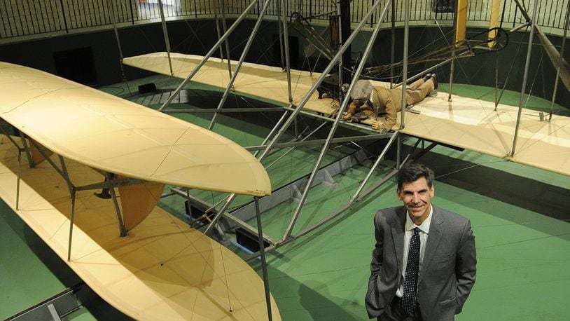 Brady Kress President & CEO of Carillon Historical Park, stands with the 1905 Wright Flyer III: the only airplane designated a National Historic Landmark, the first practical flying machine, and what the Wright brothers considered their most important aircraft. MARSHALL GORBY\STAFF