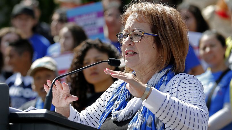 FILE - State Sen. Maria Elena Durazo, D-Los Angeles, addresses a gathering in Sacramento, Calif., May 20, 2019. This year, Durazo, has introduced a bill to require business owners and landlords to disclose their identities under legislation aimed at cracking down on opaque ownership structures that have enabled some companies to skirt state laws without facing consequences. (AP Photo/Rich Pedroncelli, File)