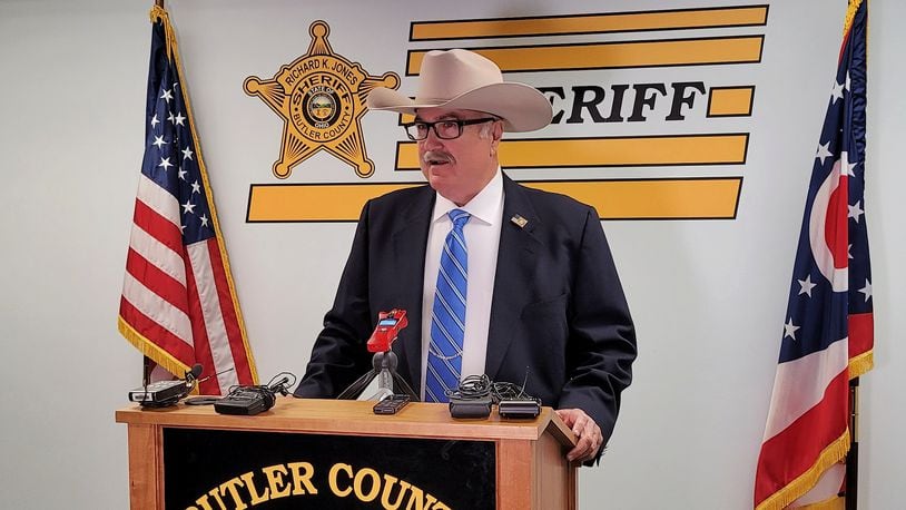 Butler County Sheriff Richard Jones address the media Tuesday morning in the Monday, May 10, 2021, officer-involved shooting. The shooting victim faces multiple child porn charges, and possibly federal charges, Jones said. NICK GRAHAM/STAFF