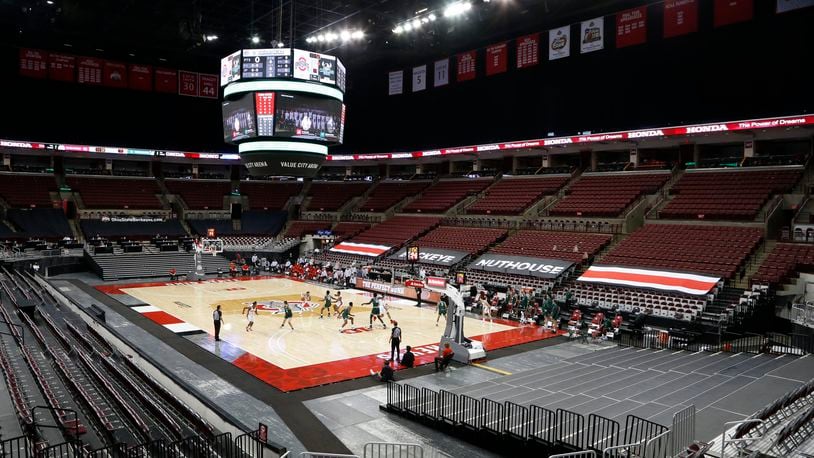 Cleveland State plays against Ohio State during the first half of an NCAA college basketball game with no fans in the stands at Value City Arena Sunday, Dec. 13, 2020, in Columbus, Ohio. (AP Photo/Jay LaPrete)