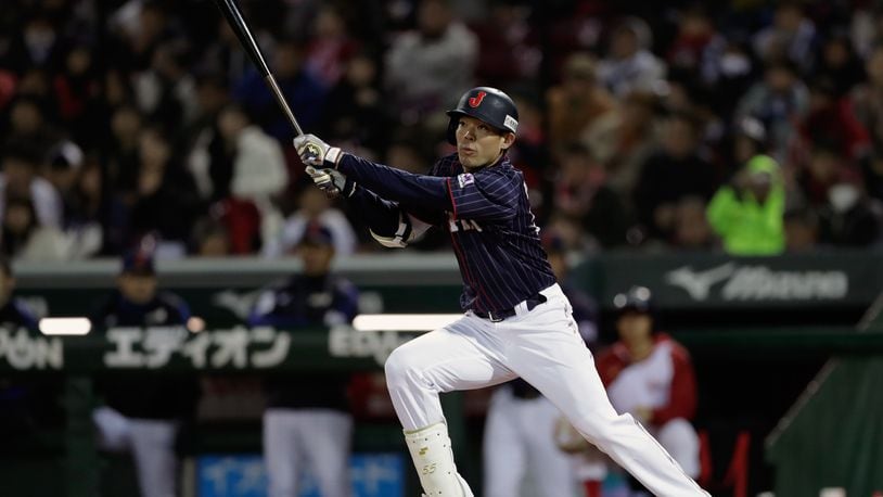 HIROSHIMA, JAPAN - NOVEMBER 13:  Outfielder Shogo Akiyama #55 of Japan hits an inside-the-park home run in the top of 8th inning during the game four between Japan and MLB All Stars at Mazda Zoom Zoom Stadium Hiroshima on November 13, 2018 in Hiroshima, Japan.  (Photo by Kiyoshi Ota/Getty Images)