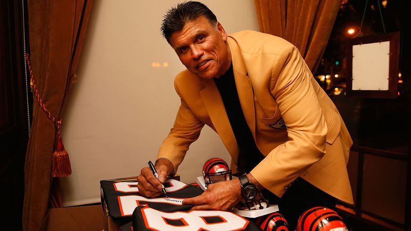 NFL Hall Of Famer Anthony Munoz signs autographs during a Nationwide dinner on February 6, 2016 in San Francisco. The former Bengals star said Friday morning on the NFL Network that he's optimistic about Cincinnati's chances this season.