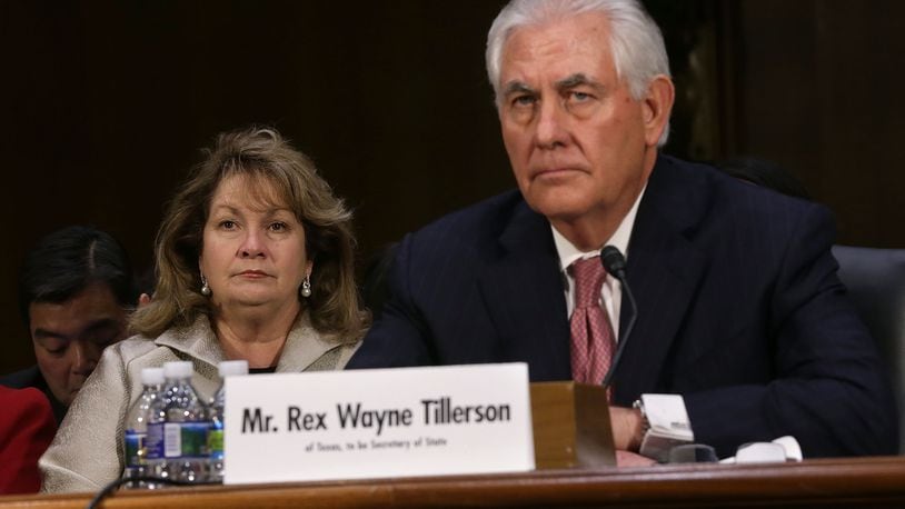 WASHINGTON, DC - JANUARY 11: Renda Tillerson (L) listens during the confirmation hearing for her husband and former ExxonMobil CEO Rex Tillerson (R), U.S. President-elect Donald Trump's nominee for Secretary of State, before Senate Foreign Relations Committee January 11, 2017 on Capitol Hill in Washington, DC. Tillerson is expected to face tough questions regarding his ties with Russian President Vladimir Putin. (Photo by Alex Wong/Getty Images)