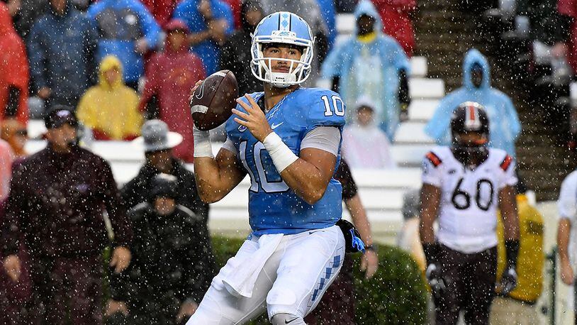 CHAPEL HILL, NC - OCTOBER 08: Mitch Trubisky #10 of the UNC Tar Heels drops back to pass against the Virginia Tech Hokies at Kenan Stadium on October 8, 2016 in Chapel Hill, North Carolina. (Photo by Mike Comer/Getty Images)