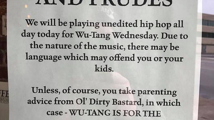 A sign posted at Barrel House warns parents and prudes that unedited hip hop will be played  for Wu Tang (Clan) Wednesdays.