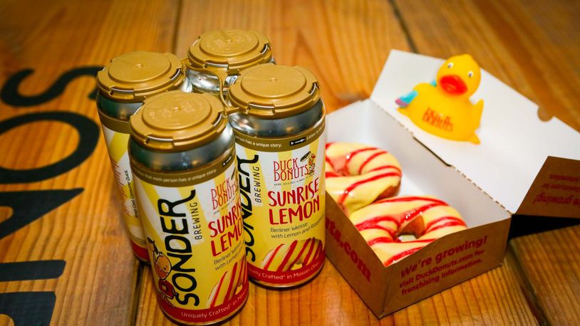 Deerfield Twp. businesses Sonder Brewing and Duck Donuts are teaming up to release a limited-edition beer Sunrise Lemon Berliner Weisse. It will be available starting Friday, Nov. 29, 2019, at the brewery at 8584 Duke Blvd. GREG LYNCH/STAFF