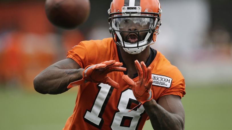 Cleveland Browns wide receiver Kenny Britt catches a pass during practice at the NFL football team's training camp facility, Friday, July 28, 2017, in Berea, Ohio. (AP Photo/Tony Dejak)
